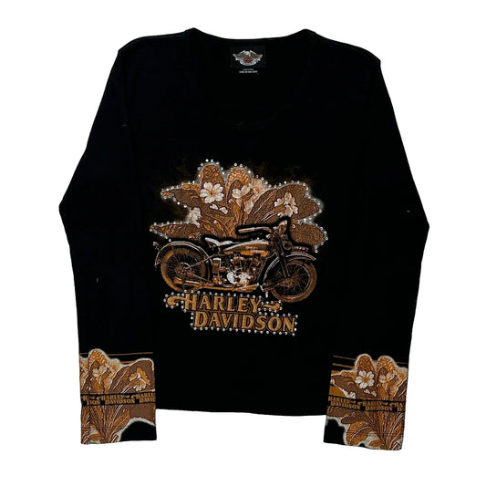 Motorcycle Harley Davidson Graphic Long Sleeve T-Shirt - Small Black Cotton