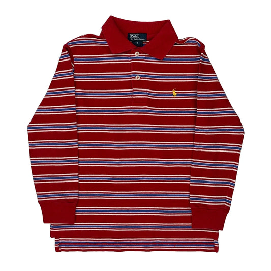 Age 7 Polo By Ralph Lauren Striped Long Sleeve Polo Shirt - Medium Red Cotton