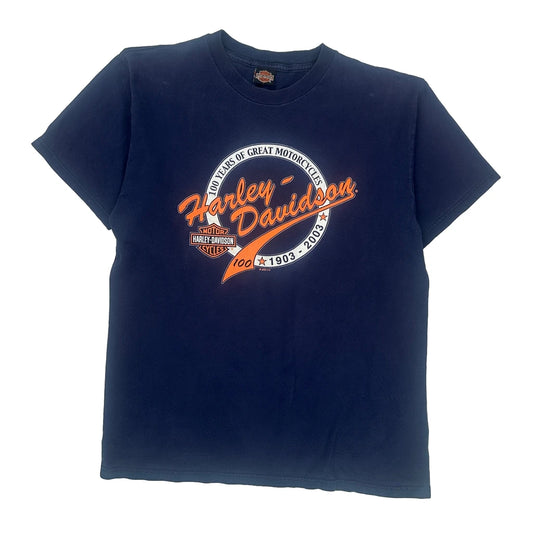 100 Years Of Great Motorcycles Harley Davidson Graphic T-Shirt - Large Navy Cotton