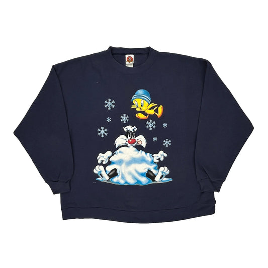 Tweety And Sylvester Looney Tunes Sweatshirt - Large Navy Cotton Blend