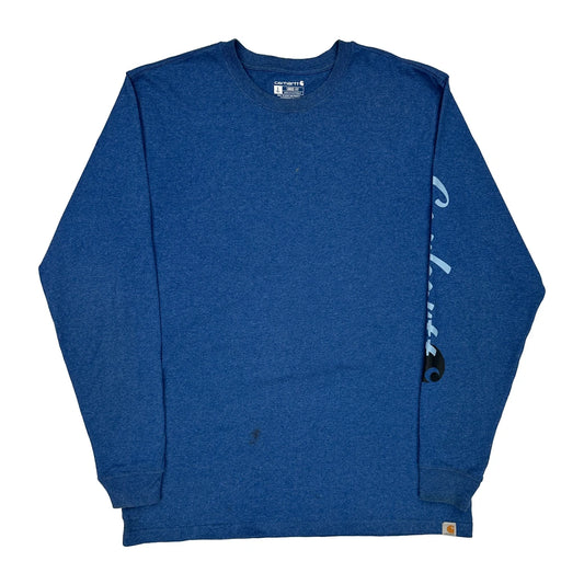 Carhartt Spellout Long Sleeve T-Shirt - Large Blue Cotton