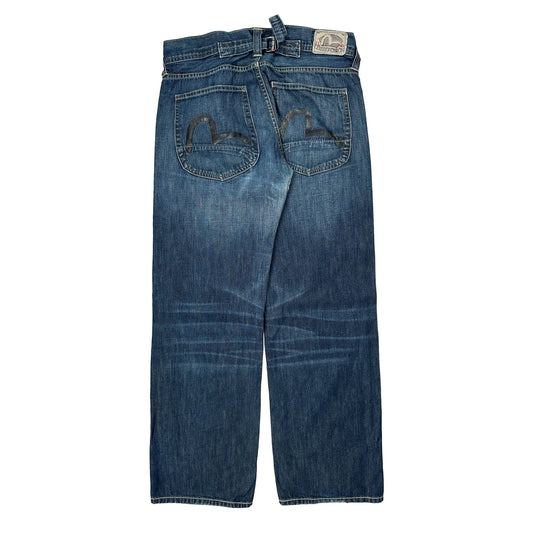 Buckle Back Evisu Wide Leg Jeans - 32W 32L Blue Denim