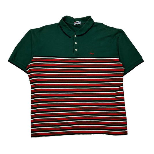 Vintage Fila Striped Polo Shirt - XL Green Cotton