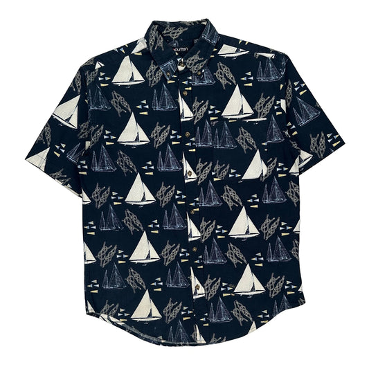 Sailboat Print Puritan Graphic Short Sleeve Shirt - Medium Blue Cotton