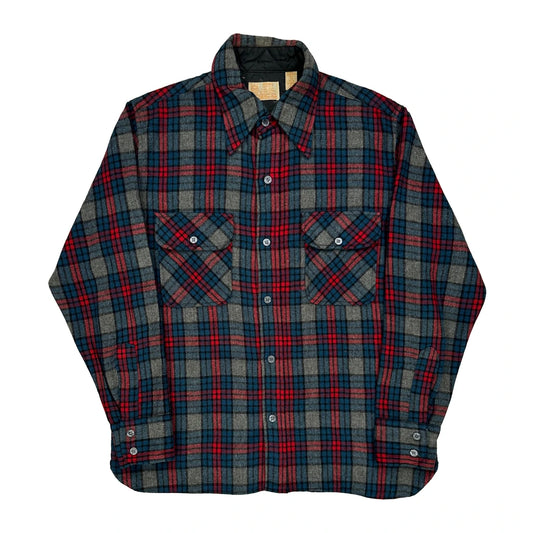 Sears Checked Flannel Shirt - Medium Blue Wool Blend