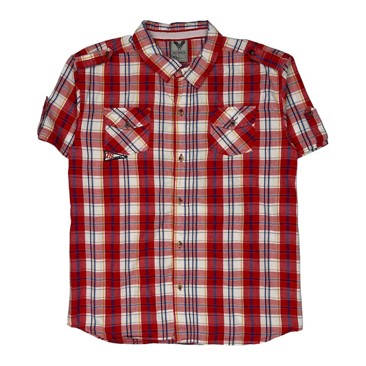 Back Graphic Avirex Checked Short Sleeve Shirt - XL Red Cotton