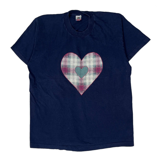 Heart Appliqué Fruit Of The Loom Graphic T-Shirt - XL Navy Cotton