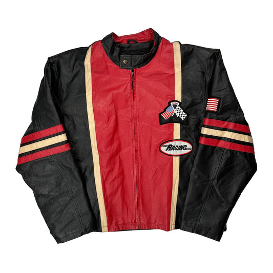 Vintage Racing Diamond Plate Leather Jacket - No Size Black Leather