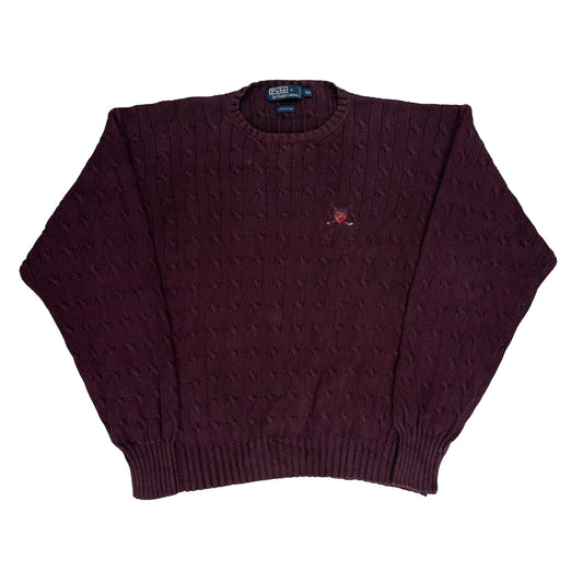 Golf Crest Polo By Ralph Lauren Chunky Cable Knit Jumper - 2XL Burgundy Cotton