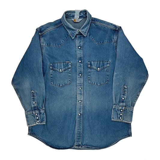 90S Carhartt Western Pearl Snap Denim Shirt - Large Blue Denim