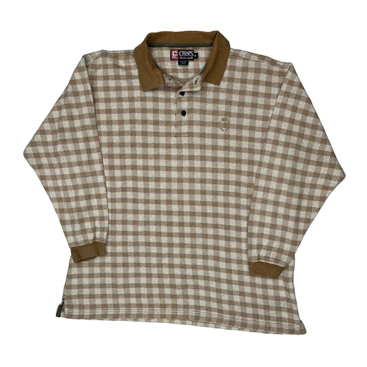 Chaps Ralph Lauren Checked Long Sleeve Polo Shirt - Medium Cream Cotton