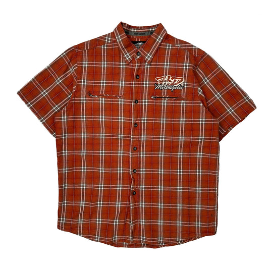Motorcycles Harley Davidson Checked Short Sleeve Shirt - XL Red Linen Blend