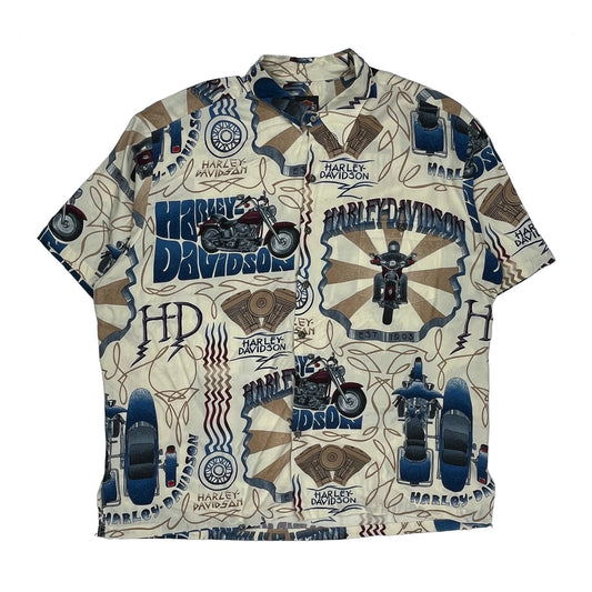 Motorcycles Harley Davidson Aop Hawaiian Shirt - 2XL Beige Cotton