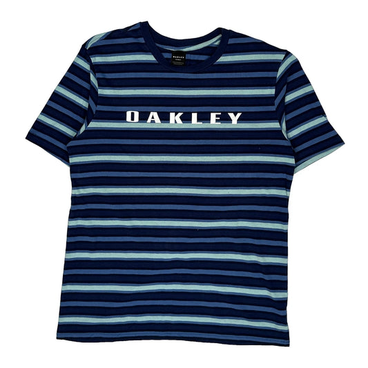 Vintage Oakley Striped T-Shirt - Small Blue Cotton
