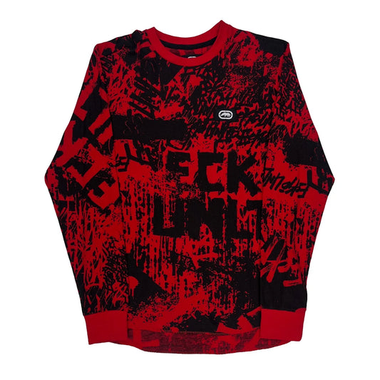 Vintage Waffle Knit Ecko Unltd Long Sleeve T-Shirt - Small Red Cotton