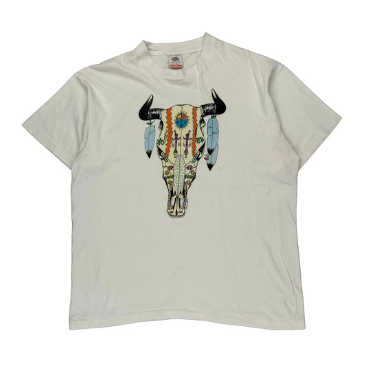 Tribal Skull Design Fruit Of The Loom Graphic T-Shirt - XL White Cotton