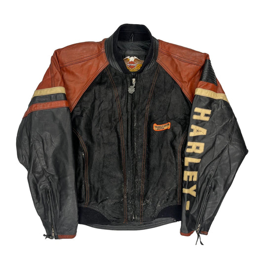 Made In USA Harley Davidson Spellout Leather Jacket - Medium Brown Leather