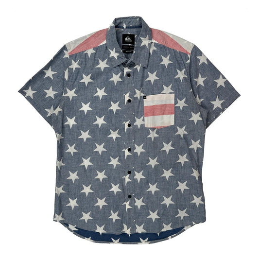 Vintage Quiksilver Stars And Striped USA Short Sleeve Shirt - Medium Blue Cotton
