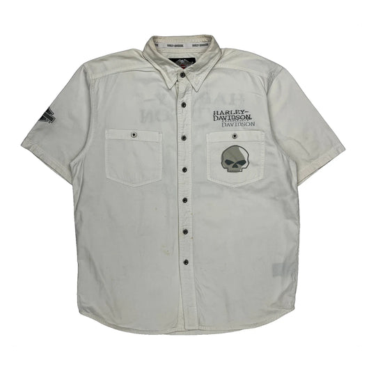 Vintage Skull Graphic Harley Davidson Graphic Short Sleeve Shirt - Large White Cotton