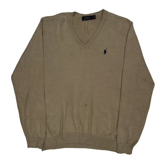 Vintage Polo By Ralph Lauren V-Neck Jumper - XL Beige Cotton