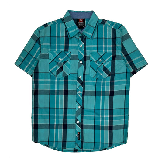 Southpole Checked Short Sleeve Shirt - Medium Blue Cotton Blend