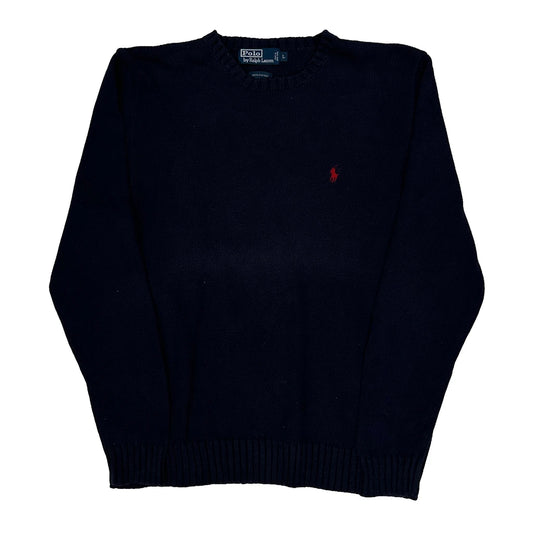 Vintage Polo By Ralph Lauren Chunky Knit Jumper - Large Navy Cotton