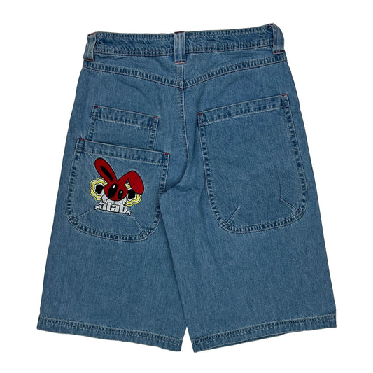 Embroidered A.Lab Mega Rave Graphic Baggy Denim Shorts - 33W 10L Blue Denim