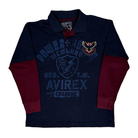 Avirex Graphic Long Sleeve Polo Shirt - Medium Burgundy Cotton Blend