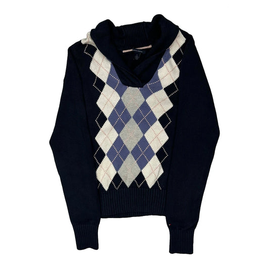 Vintage Tommy Hilfiger Argyle Jumper - Medium Navy Knitted