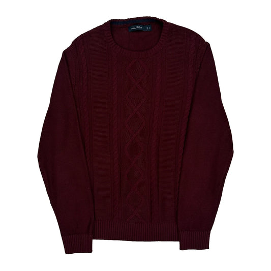 Nautica Cable Knit Jumper - Medium Burgundy Cotton