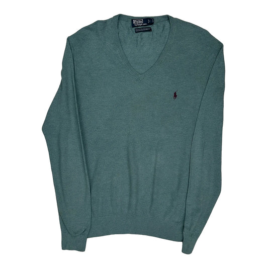 Cotton Cashmere Polo By Ralph Lauren V-Neck Jumper - Large Green Cashmere