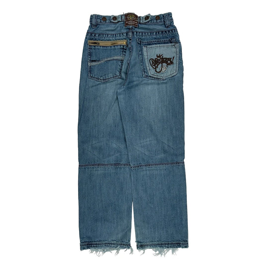 Embroidered Y2K Baggy Jeans - 26W UK 6 Blue Denim