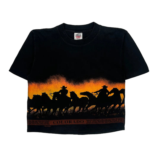 Cowboy Silhouette Oneita Single Stitch T-Shirt - Large Black Cotton