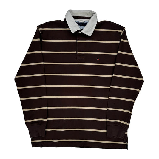 Tommy Hilfiger Striped Rugby Shirt - Large Brown Cotton