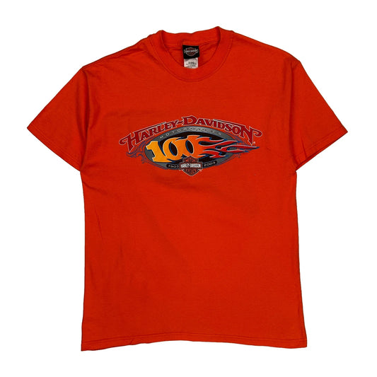 100Th Anniversary Harley Davidson Graphic T-Shirt - Large Orange Cotton