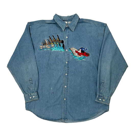 Mickey Mouse Disney Cartoon Denim Shirt - XL Blue Cotton