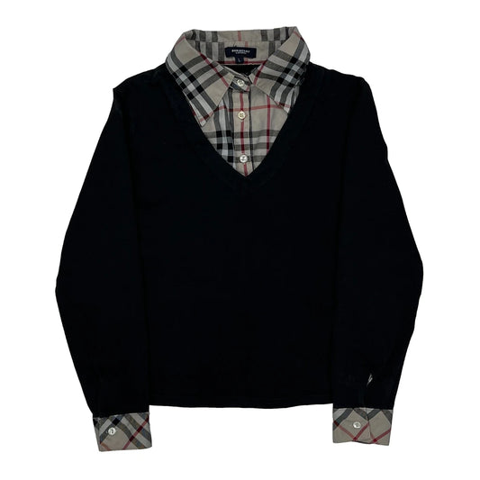 Layered Collar Burberry London Checked Shirt - Large Black Cotton