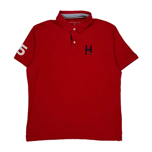 Number 85 On Sleeve Tommy Hilfiger Polo Shirt - Large Red Cotton