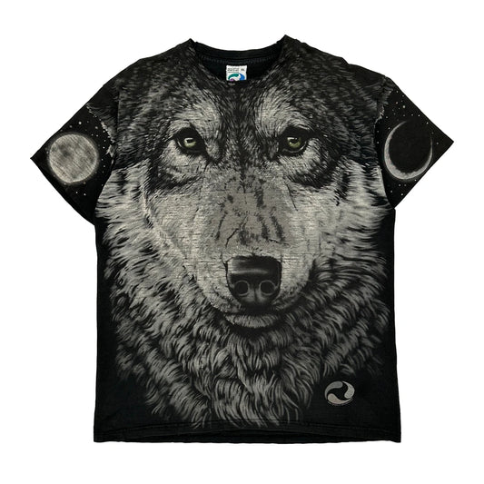 1995 Wolf Liquid Blue Graphic T-Shirt - XL Black Cotton
