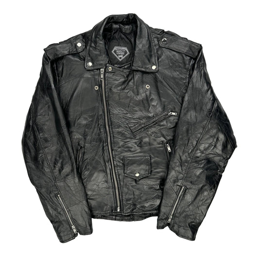 Vintage Buffalo Leather Diamondplate Motorcycle Leather Jacket - Medium Black Leather
