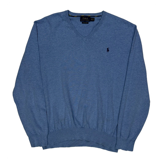 Vintage Polo By Ralph Lauren V-Neck Jumper - XL Blue Cotton
