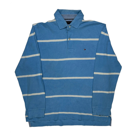 Vintage Tommy Hilfiger Striped Long Sleeve Polo Shirt - Large Blue Cotton