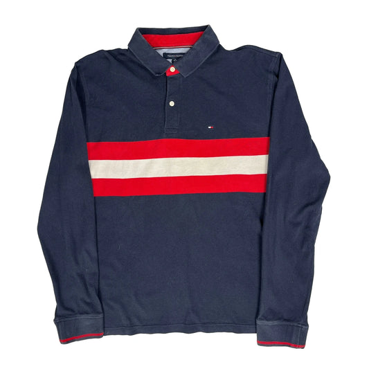 Tommy Hilfiger Striped Long Sleeve Polo Shirt - XL Navy Cotton