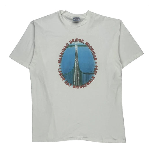 Vintage Mackinac Bridge Michigan All Sports Graphic T-Shirt - XL White Cotton