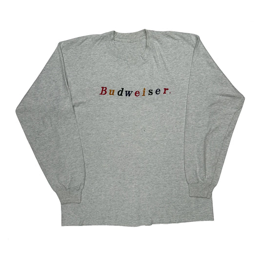 Vintage Beer Brand Budweiser Single Stitch Long Sleeve T-Shirt - XL Grey Cotton