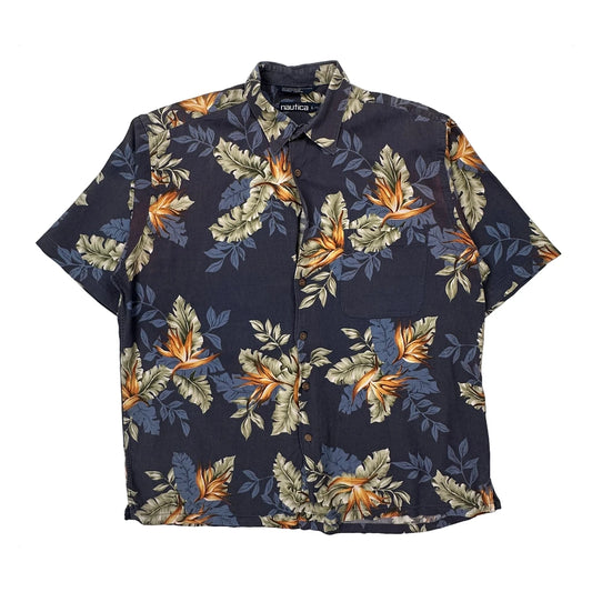 Corduroy Nautica Floral Hawaiian Shirt - Large Navy Cotton