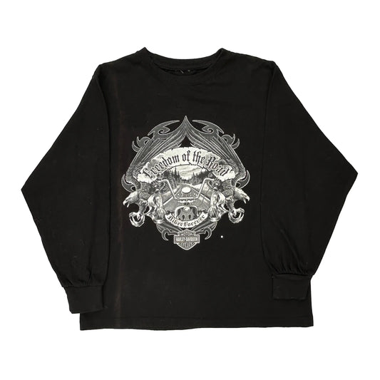 Freedom Of The Road Harley Davidson Graphic Long Sleeve T-Shirt - Large Black Cotton
