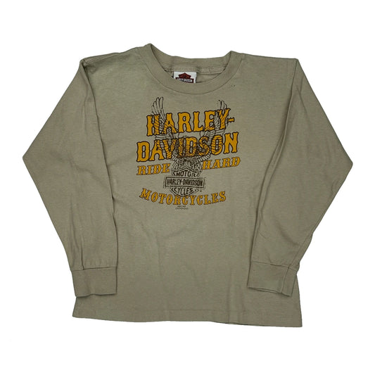Age 10 Harley Davidson Graphic Long Sleeve T-Shirt - Small Beige Cotton