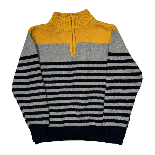 Vintage Age 6 Tommy Hilfiger Striped 1/4 Zip - XS Grey Cotton