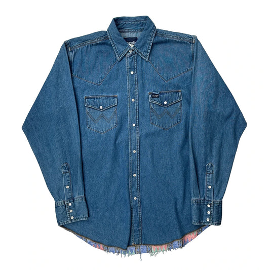 Wrangler Aztec Back Pearl Snap Denim Shirt - Large Blue Cotton